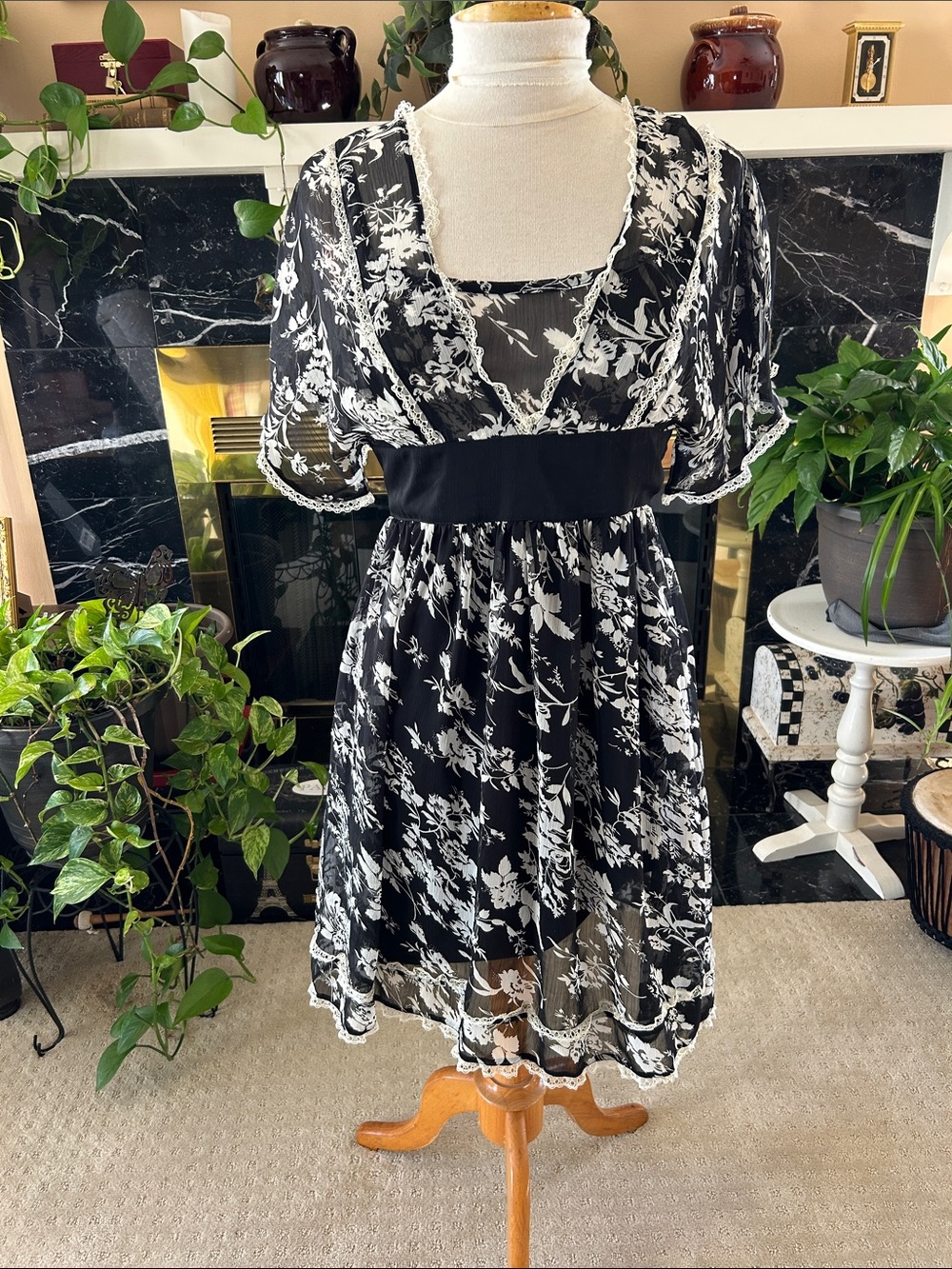 Black Sheer Floral Dress with Cinched Waist
